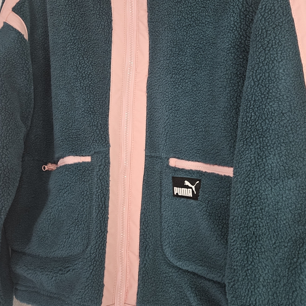 Puma Women's Teddy Jacket in Dark Teal and Light Pink - Picture 2 of 14